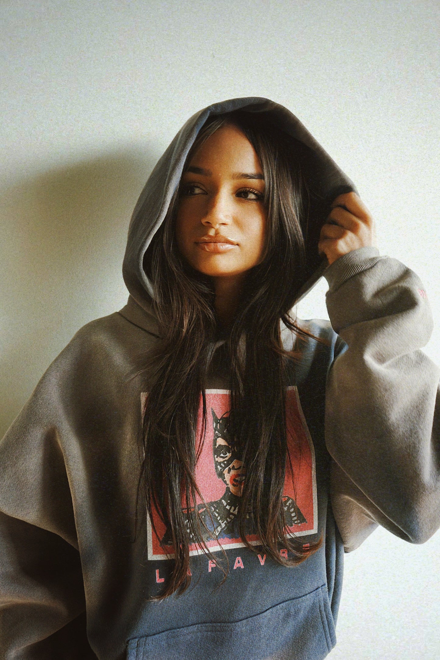 Person wearing a gray hoodie with a graphic design on a plain background