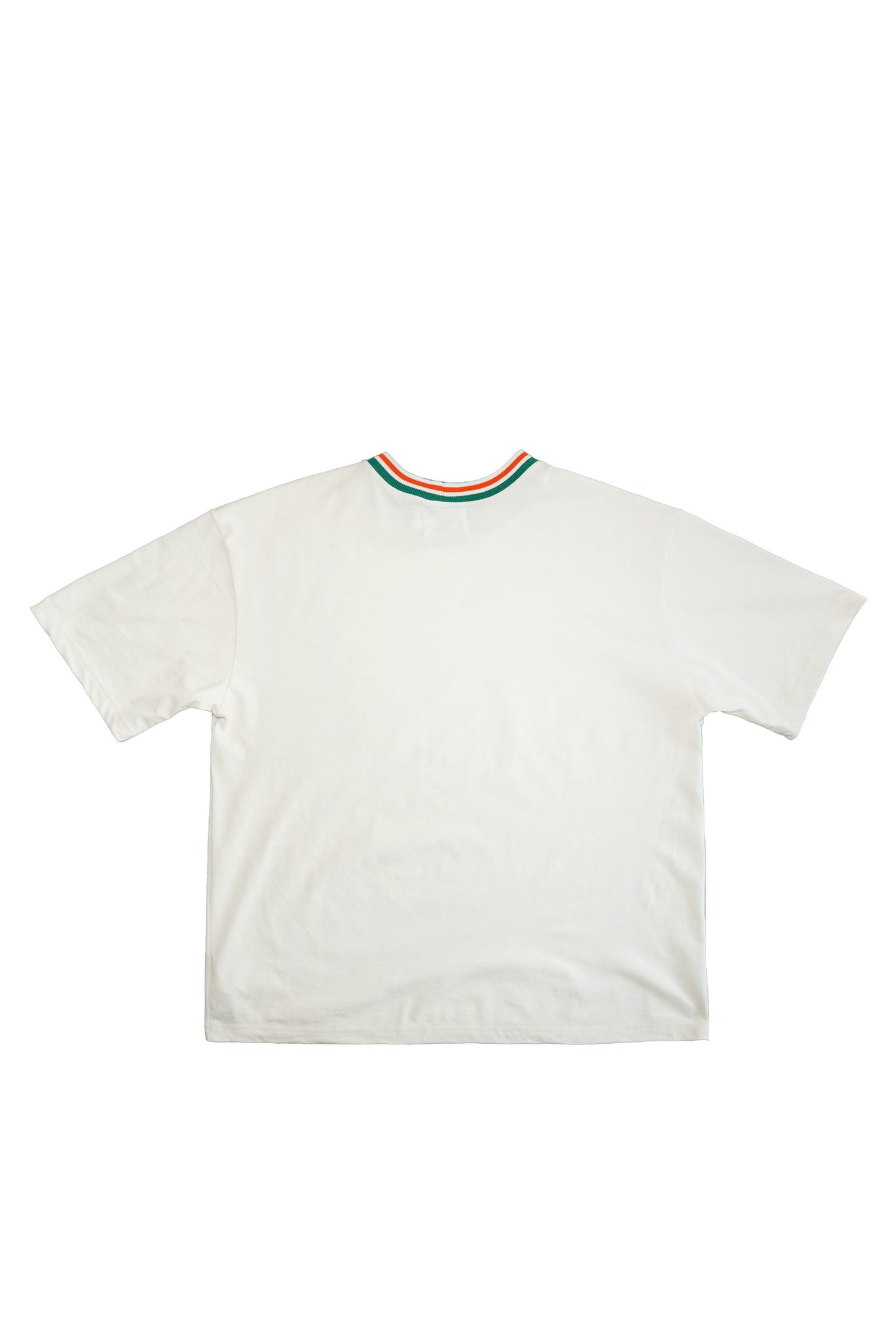 White t-shirt with colorful neckline on a white background