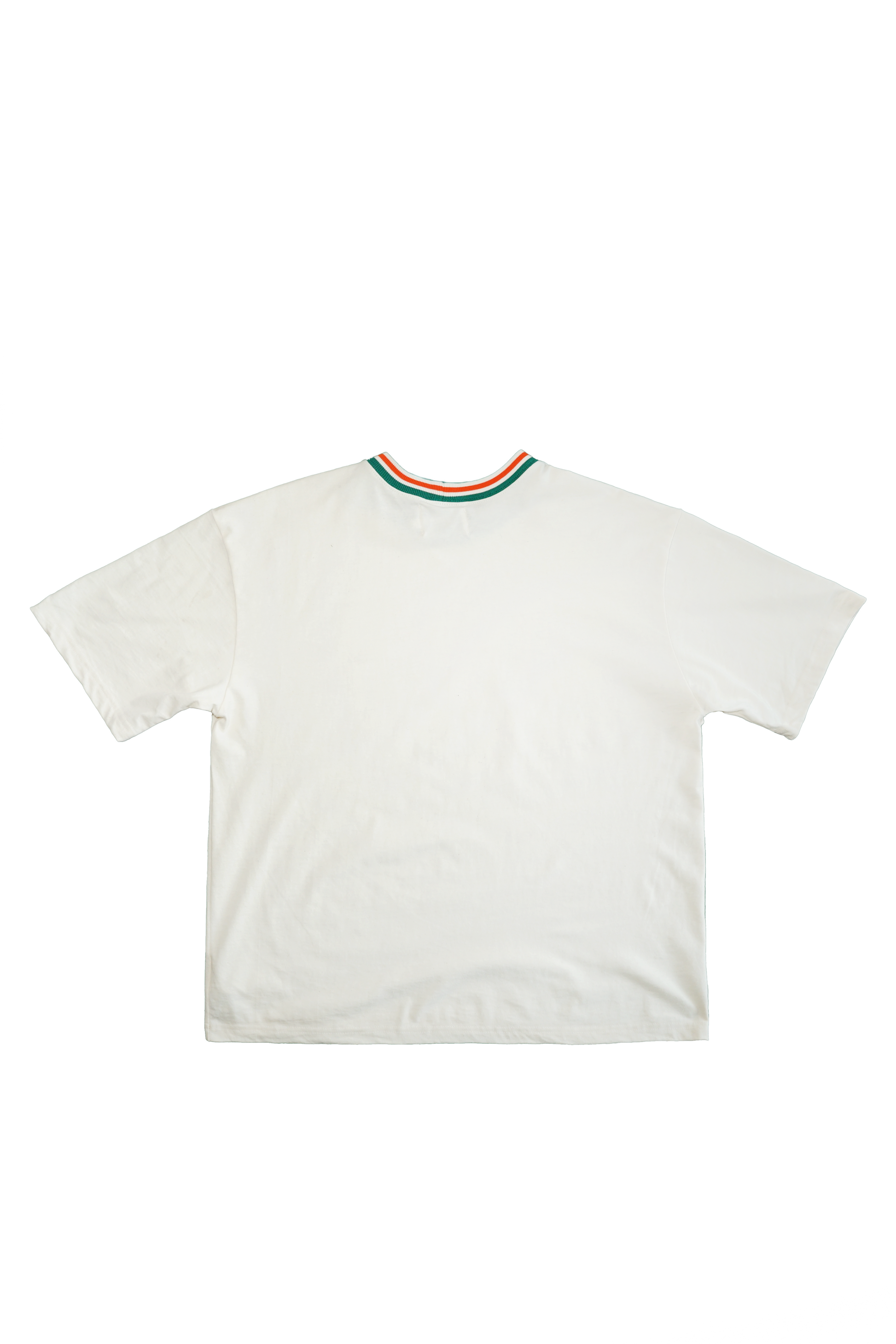 White t-shirt with colorful neckline on a white background