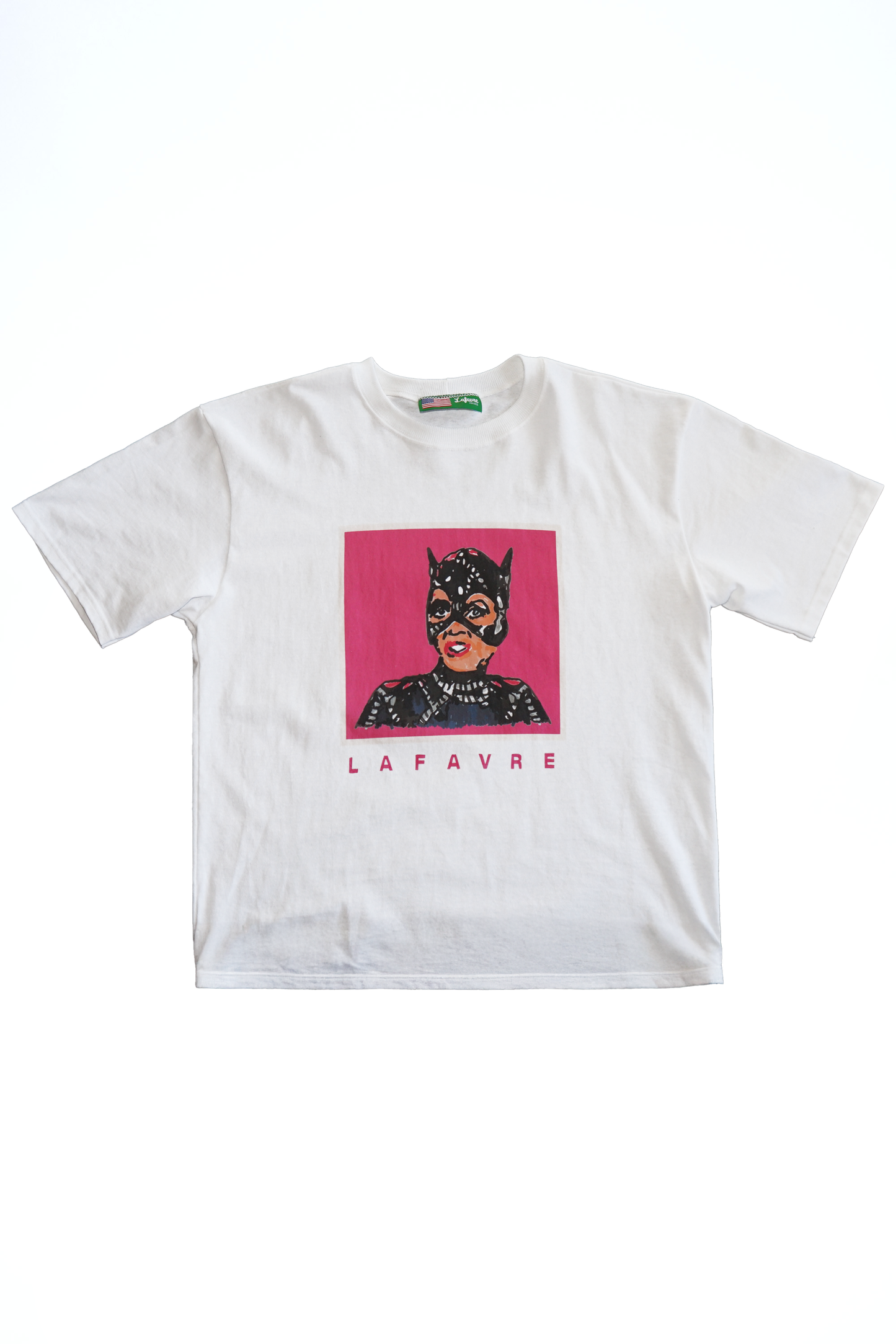 White t-shirt with graphic design and 'Lafavre' text on a white background