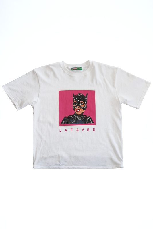 White t-shirt with graphic design and 'Lafavre' text on a white background