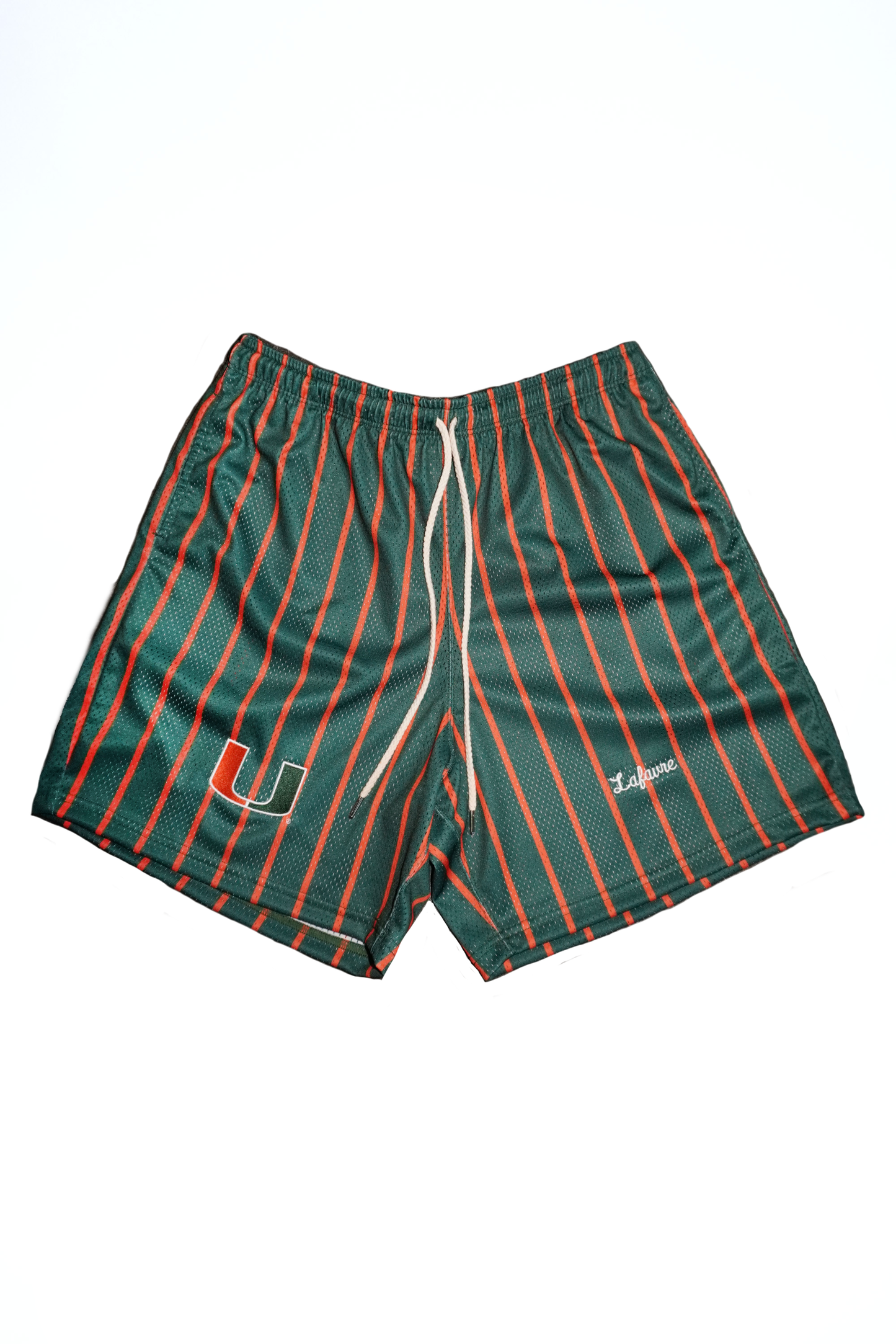 Green shorts with red stripes on a white background