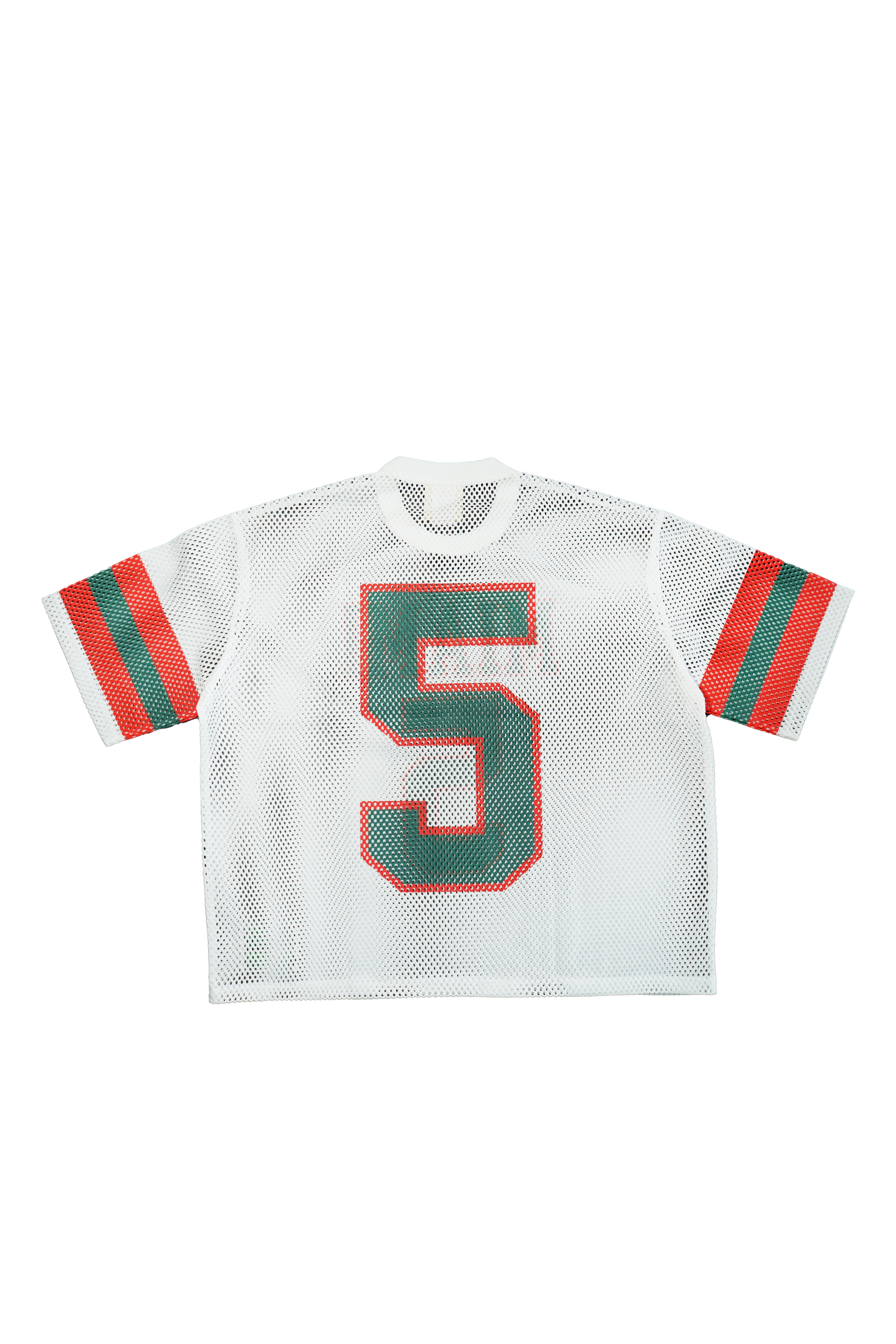 White mesh jersey with red and green accents and the number 5 on a white background