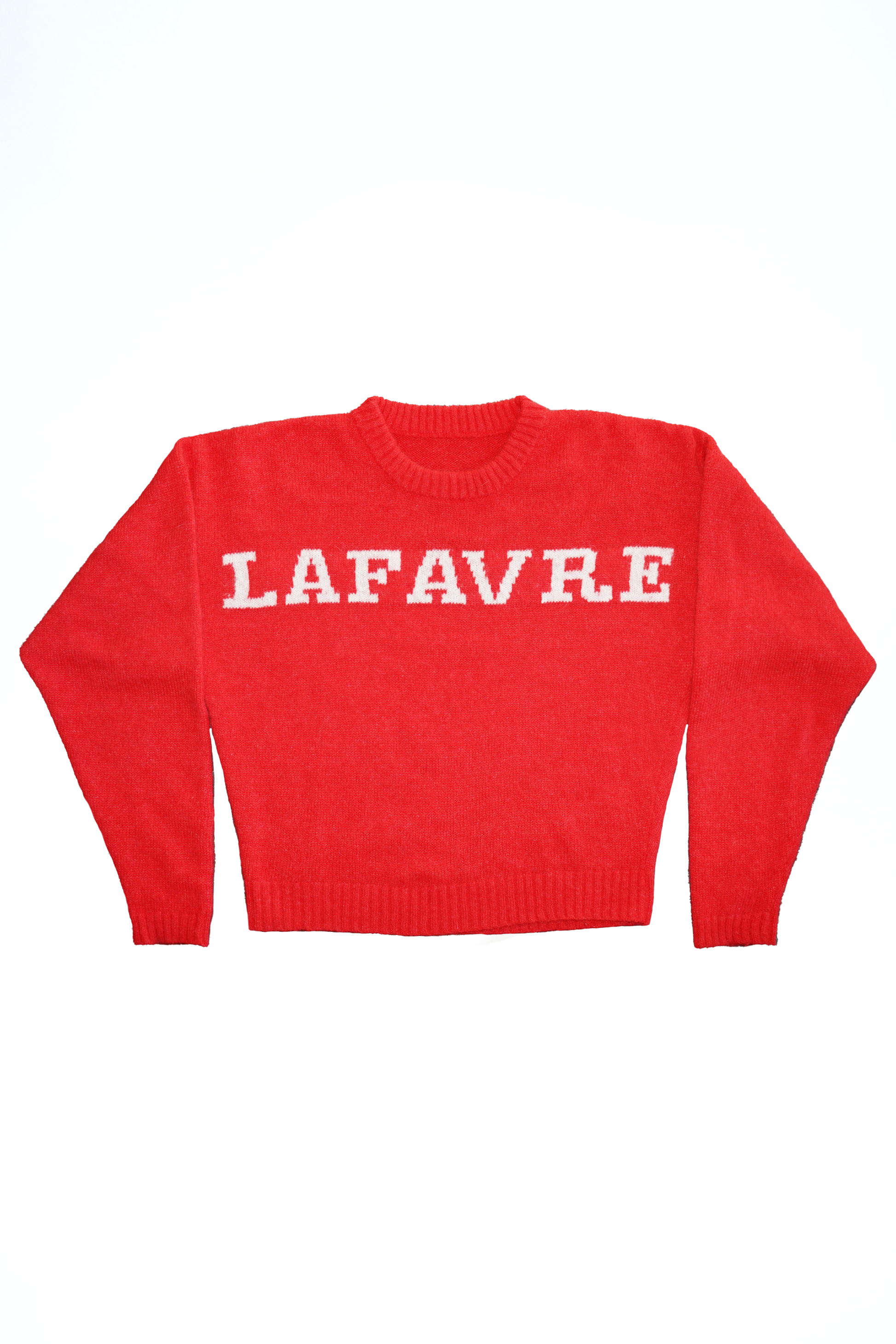 Red sweater with 'LAFAVRE' text on a white background