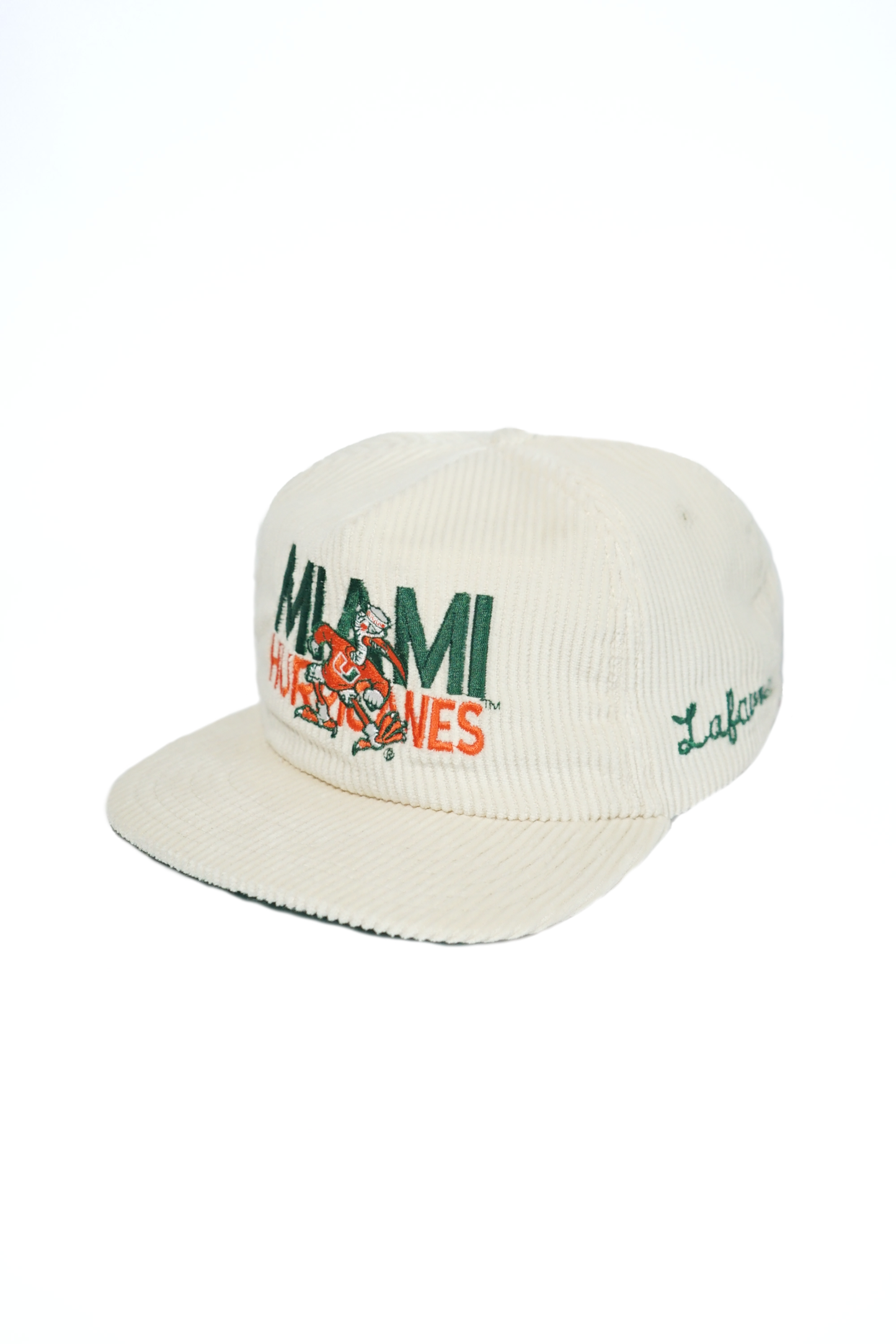 Beige cap with 'Miami Hurricanes' and 'Lafavre' text on a white background