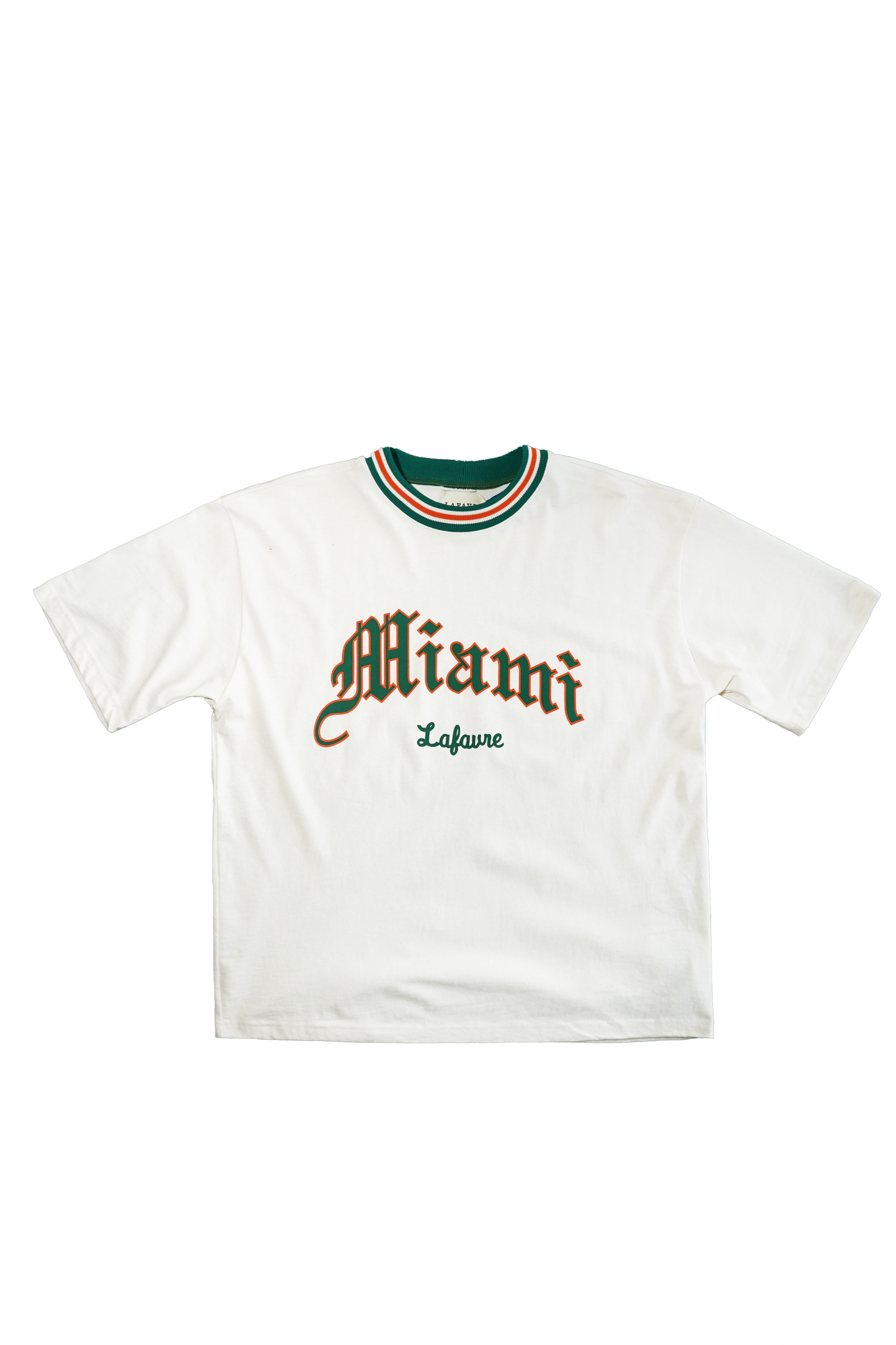 White t-shirt with 'Miami' and 'Lafavre' text on a white background