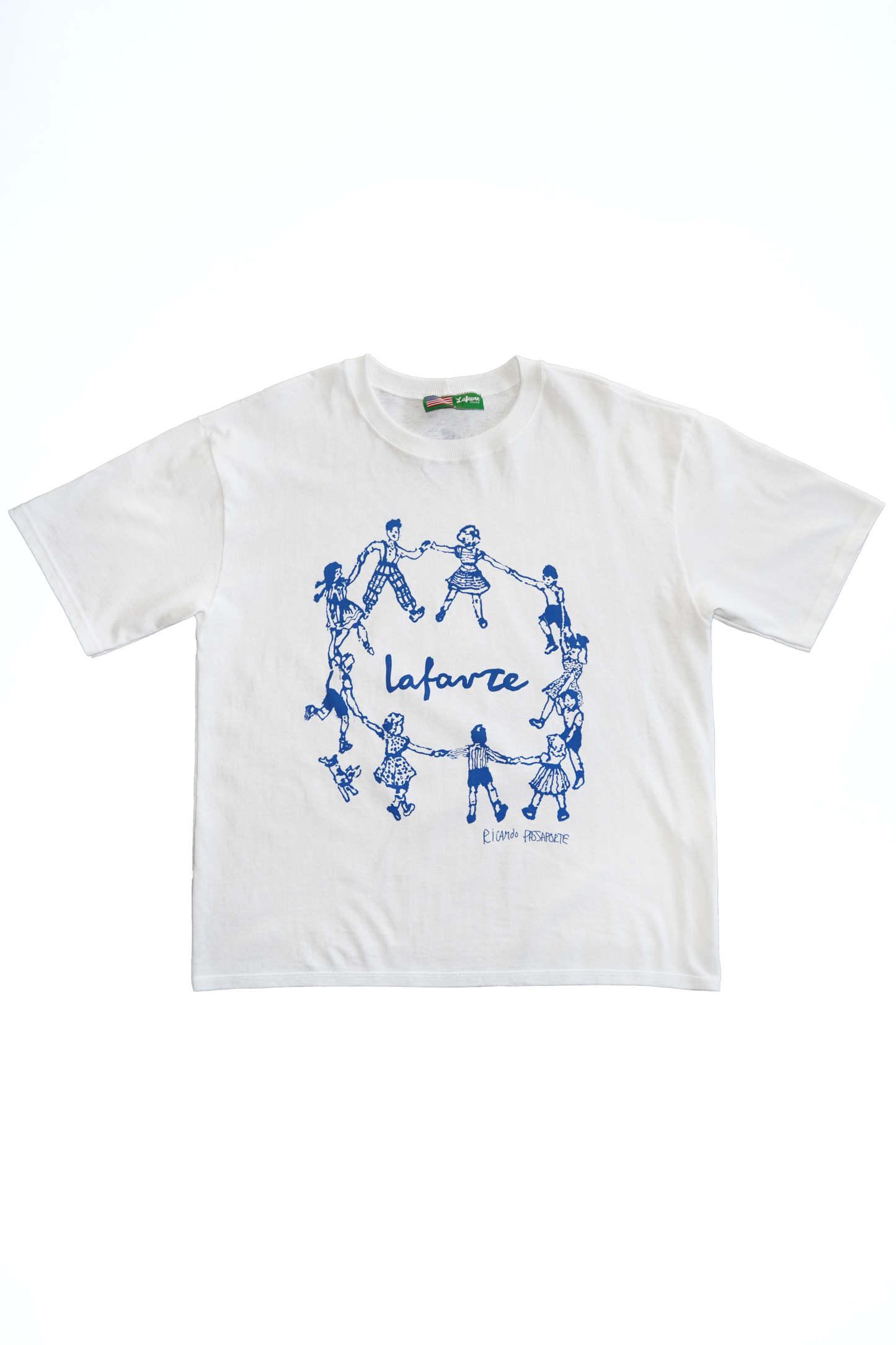 White t-shirt with blue graphic design on a white background