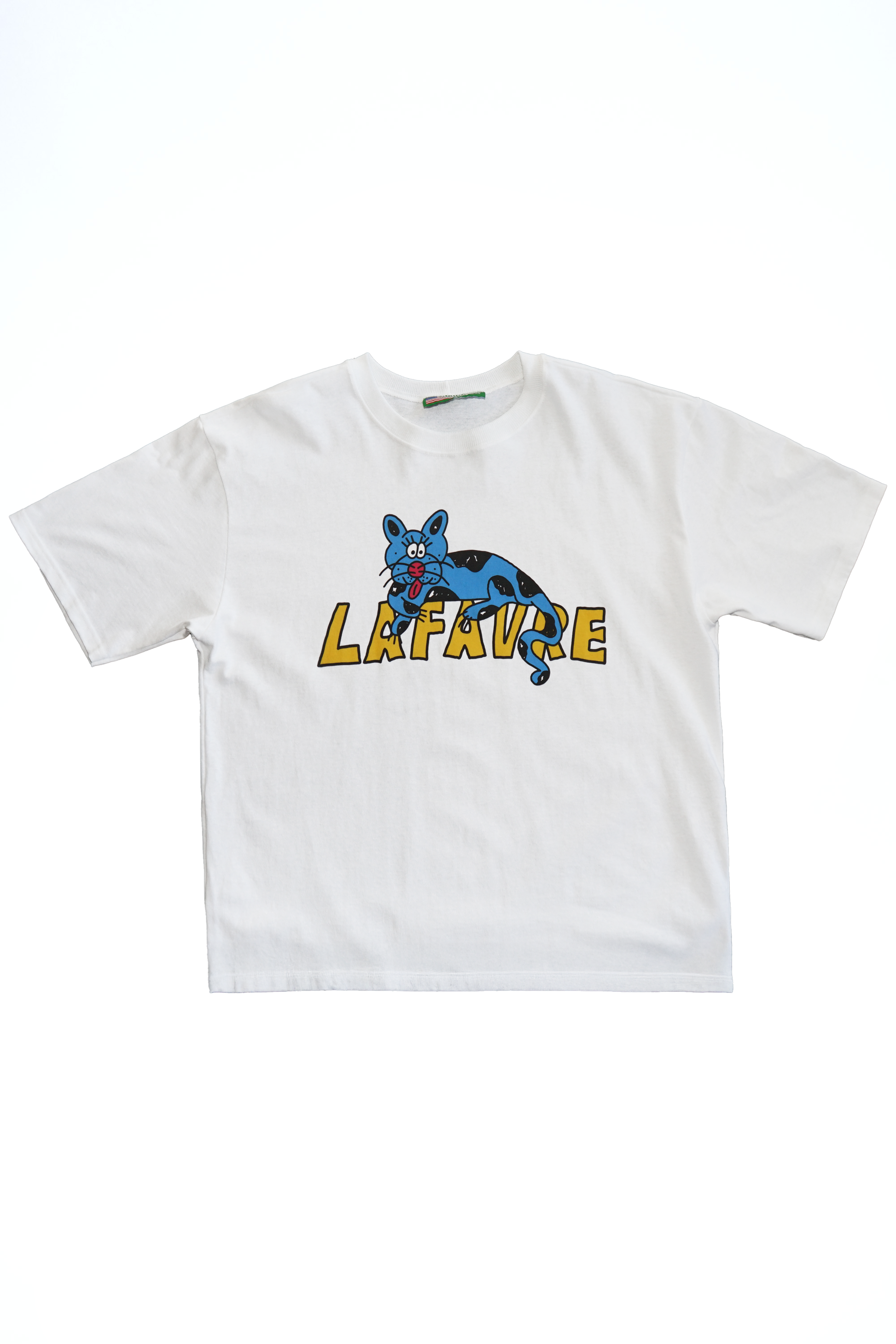 White t-shirt with a blue cartoon character and 'Lafave' text on a white background