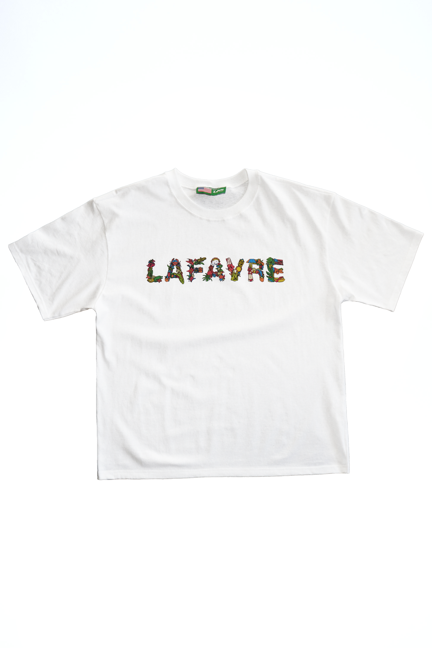 White t-shirt with colorful 'LAFAYRE' text on a white background
