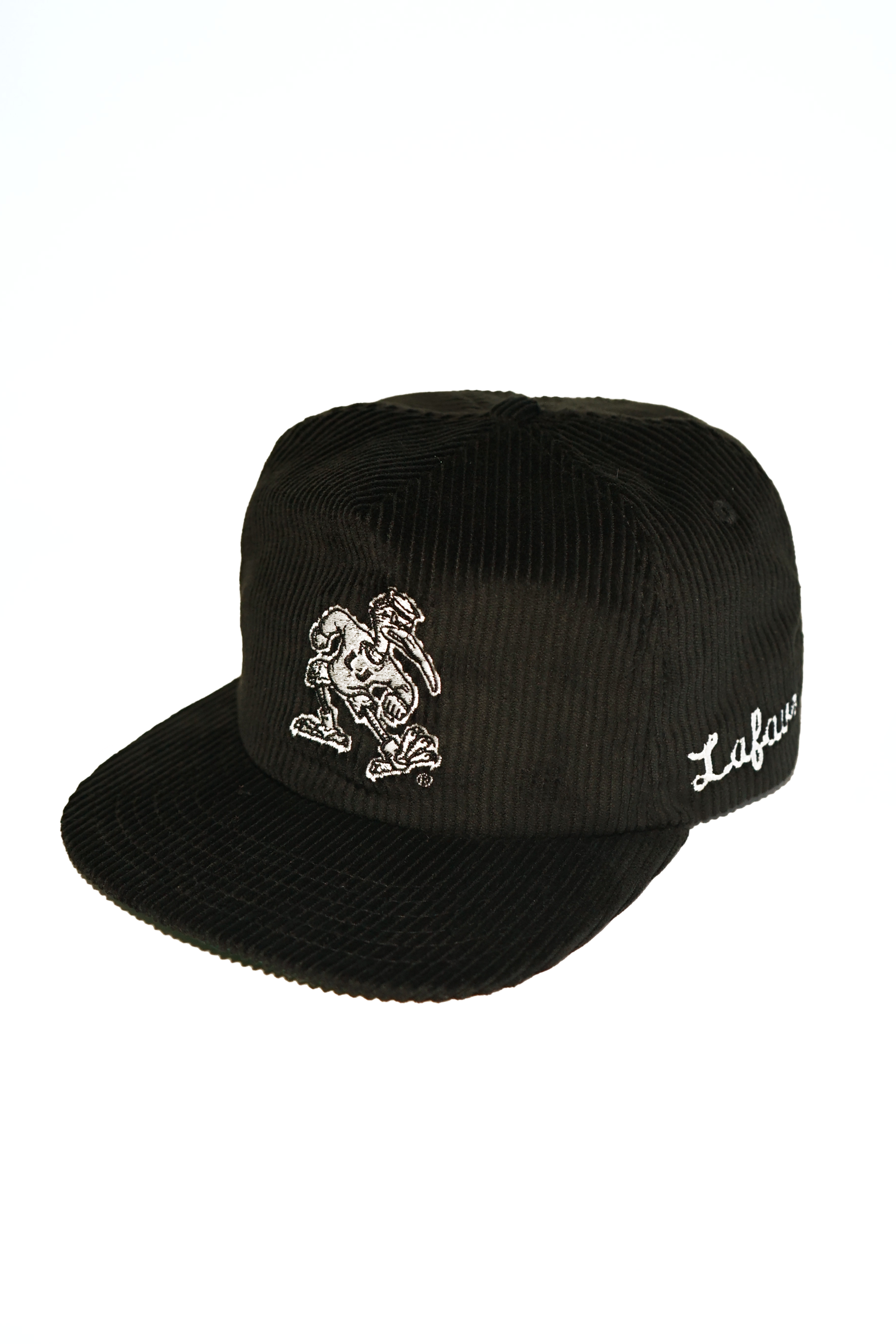 Black cap with white logo and text on a white background