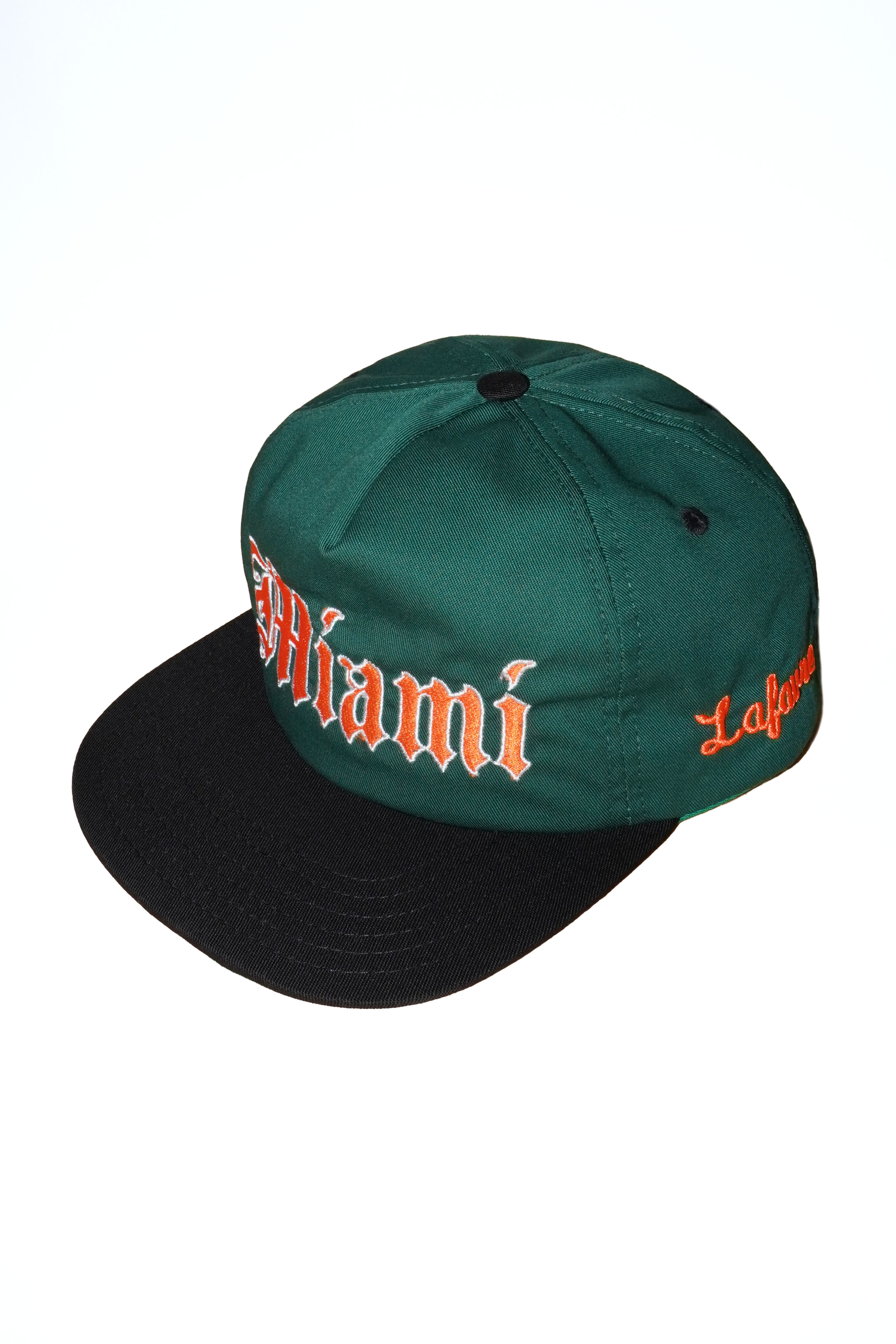 Green and black cap with 'Miami' and 'Lafavre' text on a white background