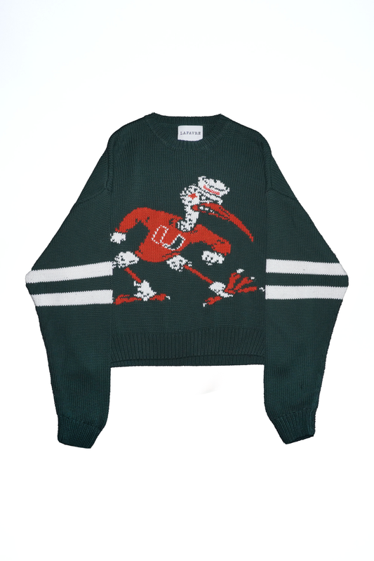 Dark green sweater with an ibis design on a white background