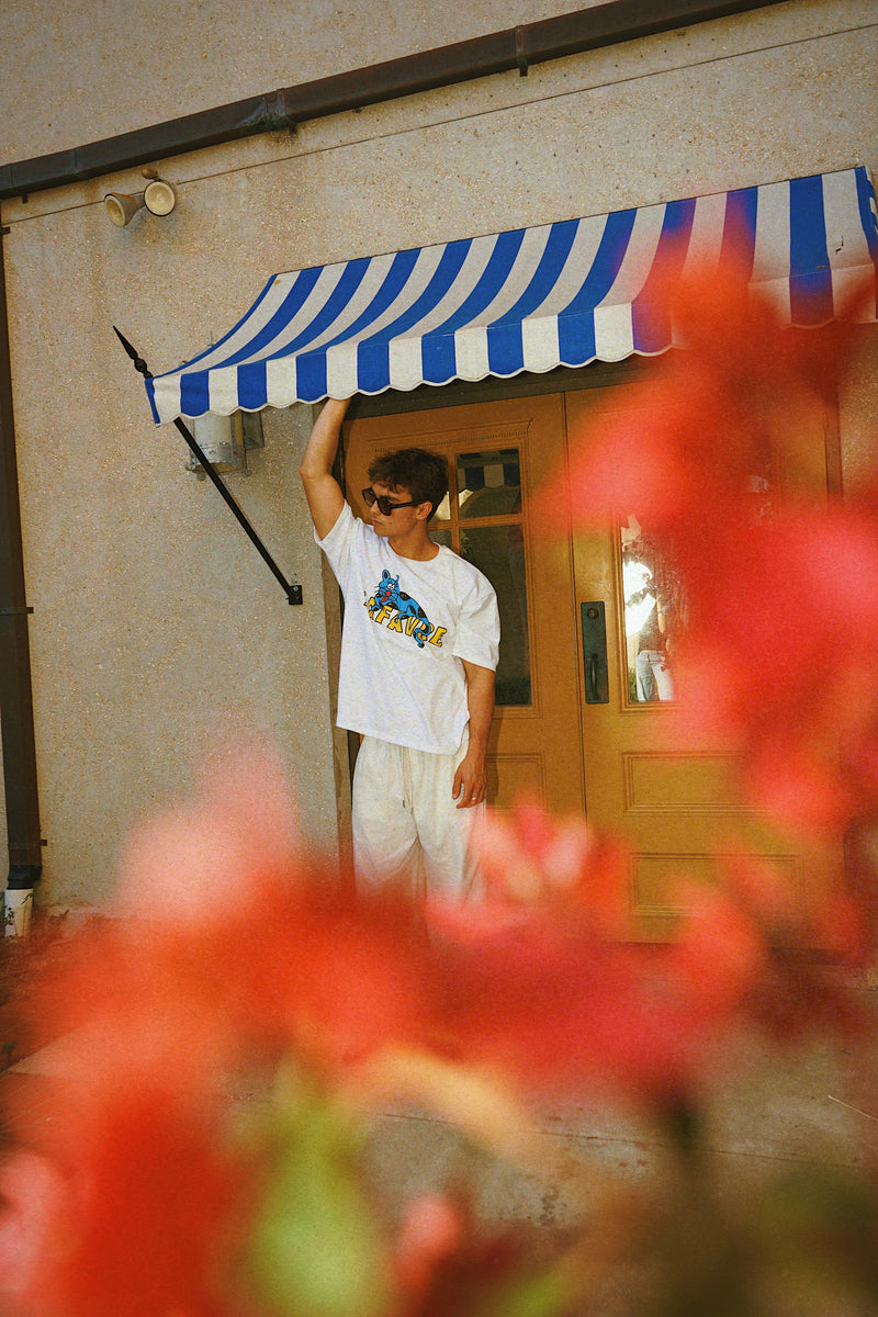 Person standing under a blue and white striped awning with red flowers in the foreground.